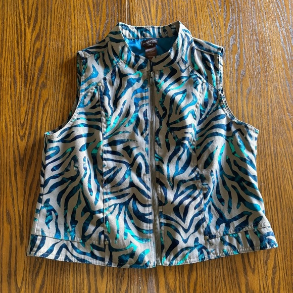 Multiples Jackets & Blazers - Multiples Vest Women's Size M Petite Khaki Green With Blue/turquoise Pattern